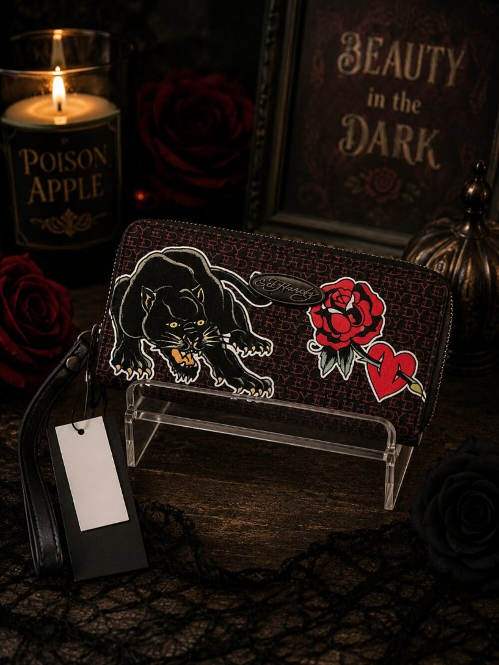 NWT Ed Hardy Black Panther Rose Heart Zip Around Wristlet Wallet